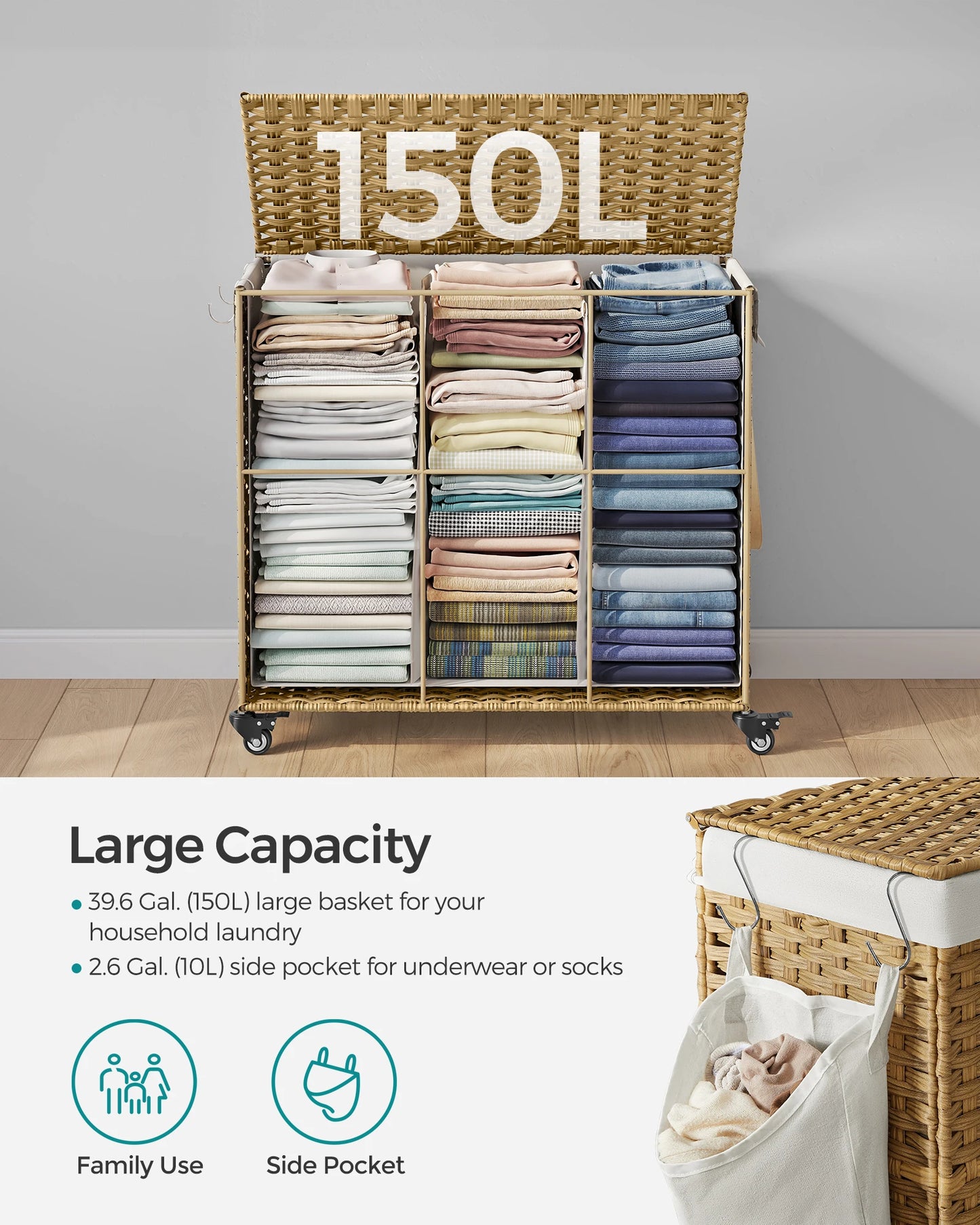 Laundry Hamper with Lid, 42.3 Gallons (160 L), Rolling Basket with Wheels