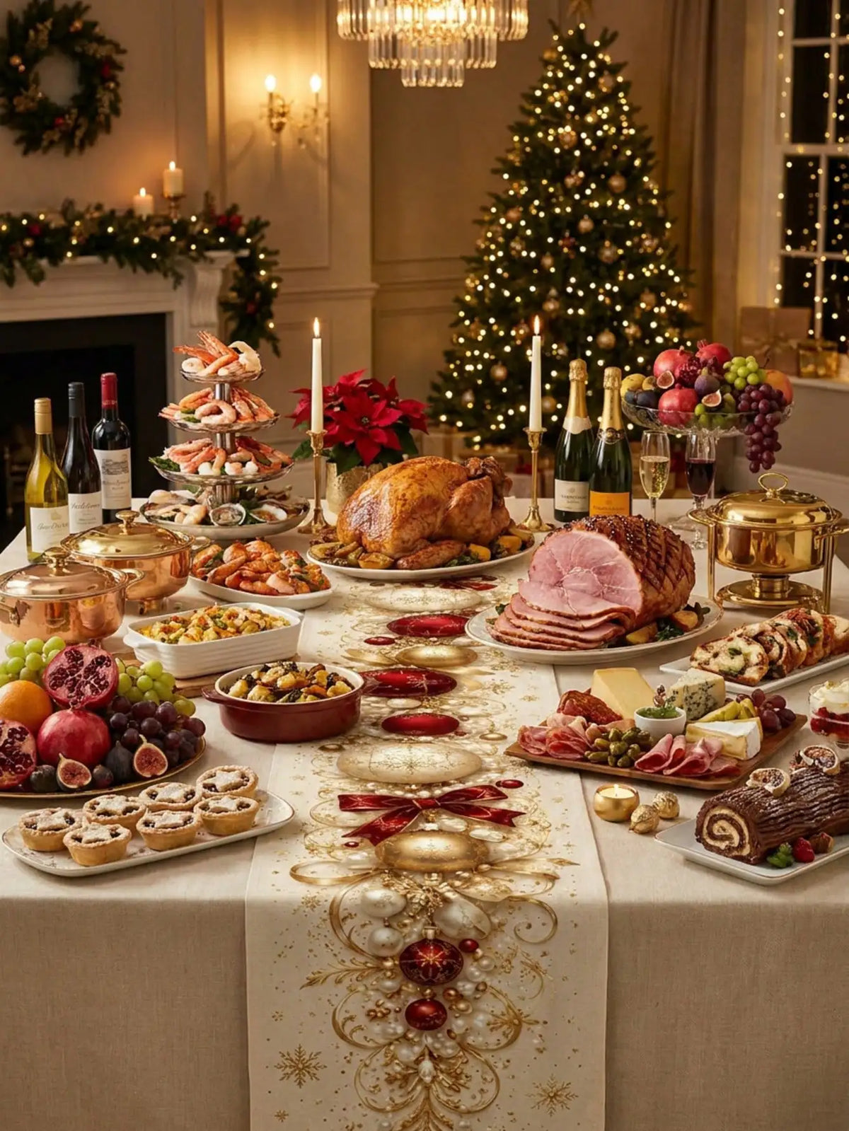1pc Christmas Gold & Red Bow & Christmas Ball Print Table Runner, Cream White Linen-Feel Dining Table Cloth With Snowflake & Pearl Decorative Pattern