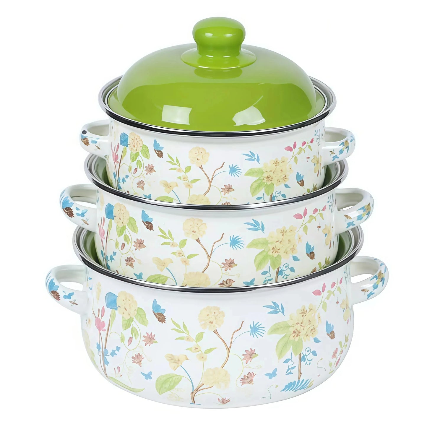 3Pcs Vintage Enamel Stock Pot Set with Lid,34oz/51oz/68oz Retro Flower
