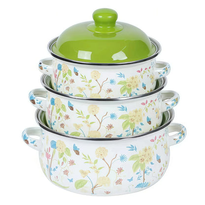 3Pcs Vintage Enamel Stock Pot Set with Lid,34oz/51oz/68oz Retro Flower