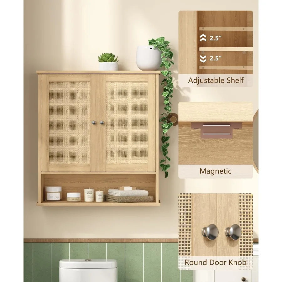 27.6" H Bathroom Wall Cabinet, Modern With Adjustable Shelf & 2 Rattan Doors