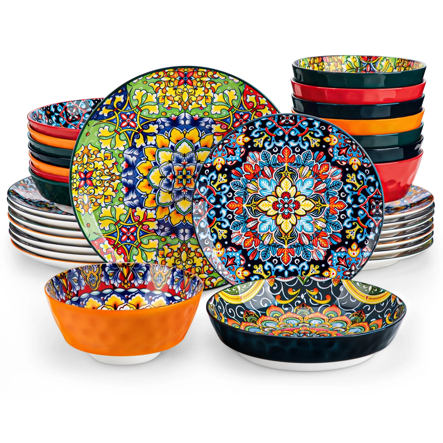 12/16/18/24 Piece Ceramic Dinnerware Set, Stoneware Bohemian Style