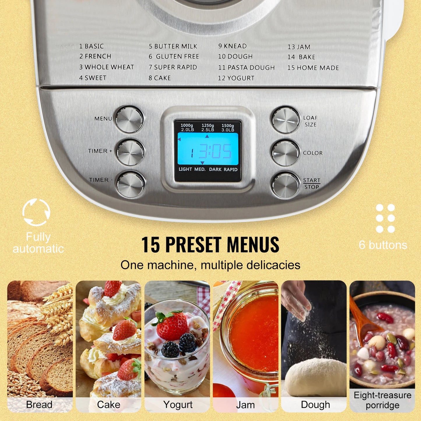 Automatic 2/3 LB Bread Maker 15-in-1 Dough Machine and Nonstick Ceramic Pan