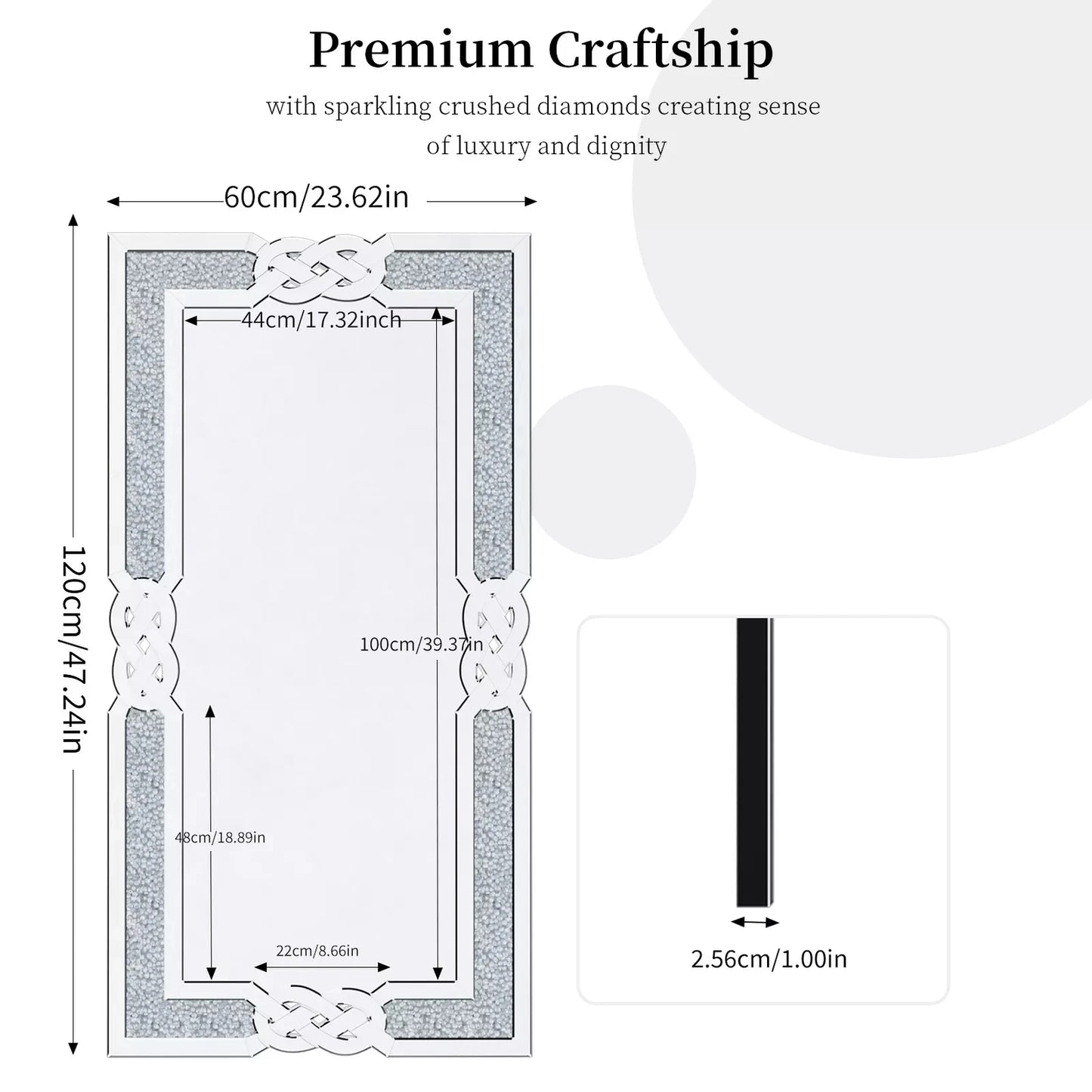 Crushed Diamond Wall Mirror, Rectangular Glass, Silver with Decorative Crystal Frame Edge