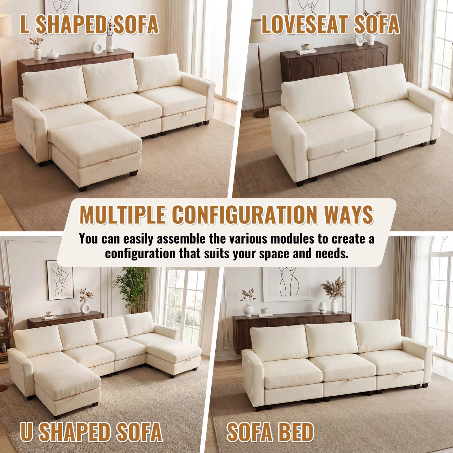 Modular Sectional Sofa Set with 2 Ottomans, U Shaped Convertible Couch with Storage