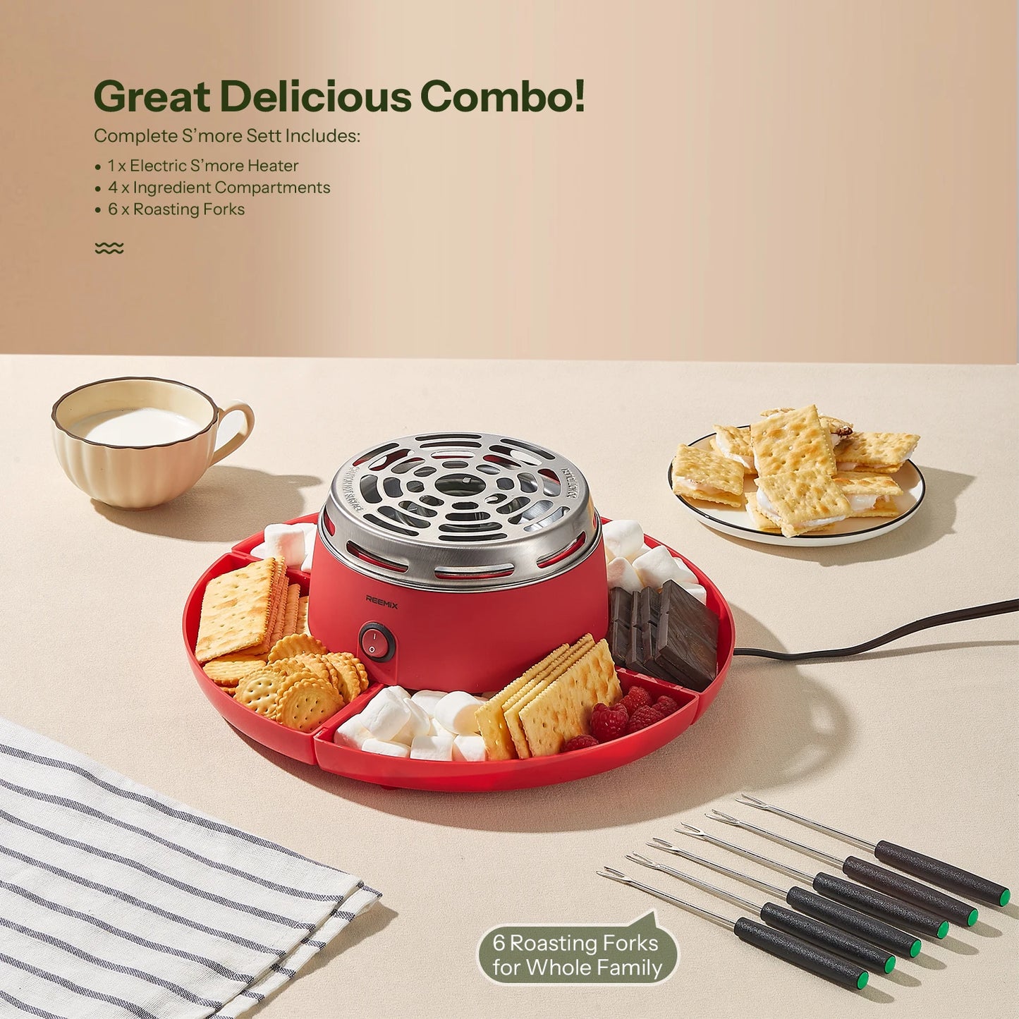 S'mores Maker Indoor, Flameless Electric Marshmallow Roaster with 4 Detachable Trays & 6 Roasting Forks