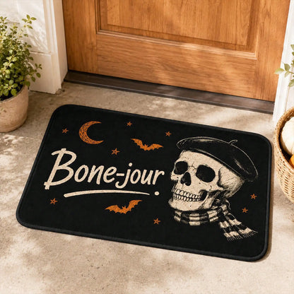 Flannel Halloween Doormat, Non‑Slip Absorbent Entryway Rug, Funny Skeleton Skull Gothic and Bat Floor Mat, Spooky Fall Outdoor Decor