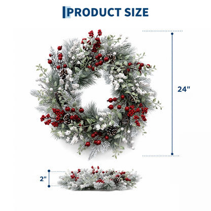 24 inch Pre-Lit Christmas Wreath with 20 LED Lights, 8-Mode Timer, Snowy Pinecone Berry Holiday Wreath for Front Door, Indoor Outdoor Decor