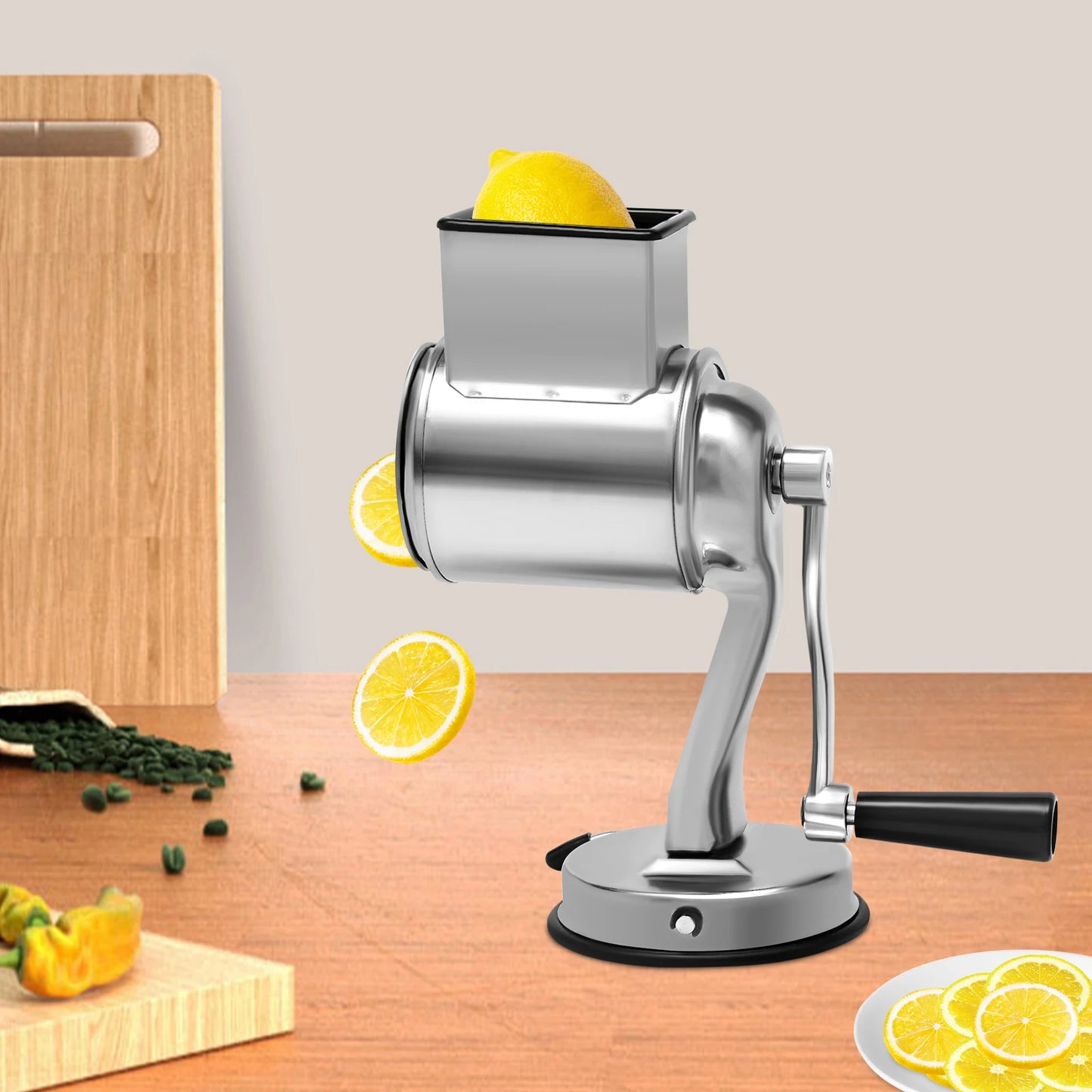 Rotary Grater, Stainless Steel Slicer with 5 Blades & Suction Cup Base