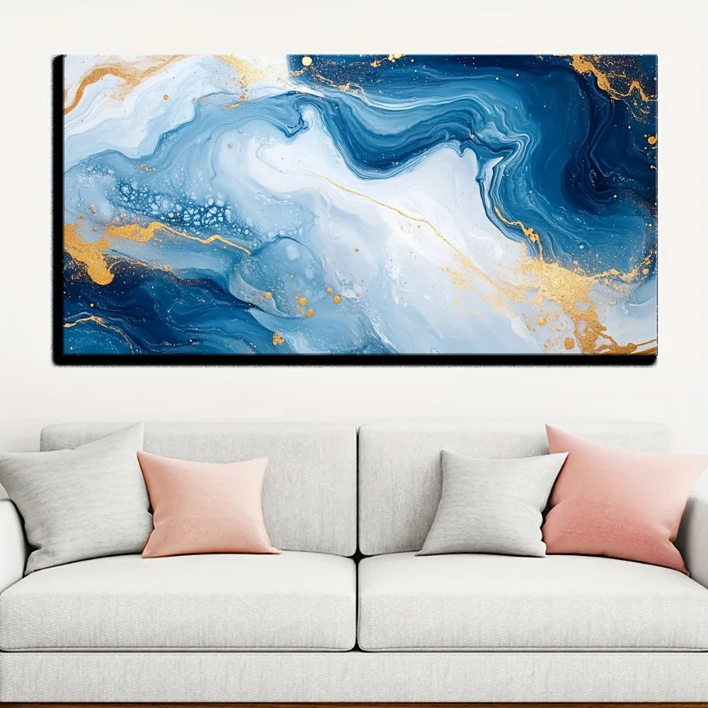 Abstract blue wave texture painting with pine solid wood frame