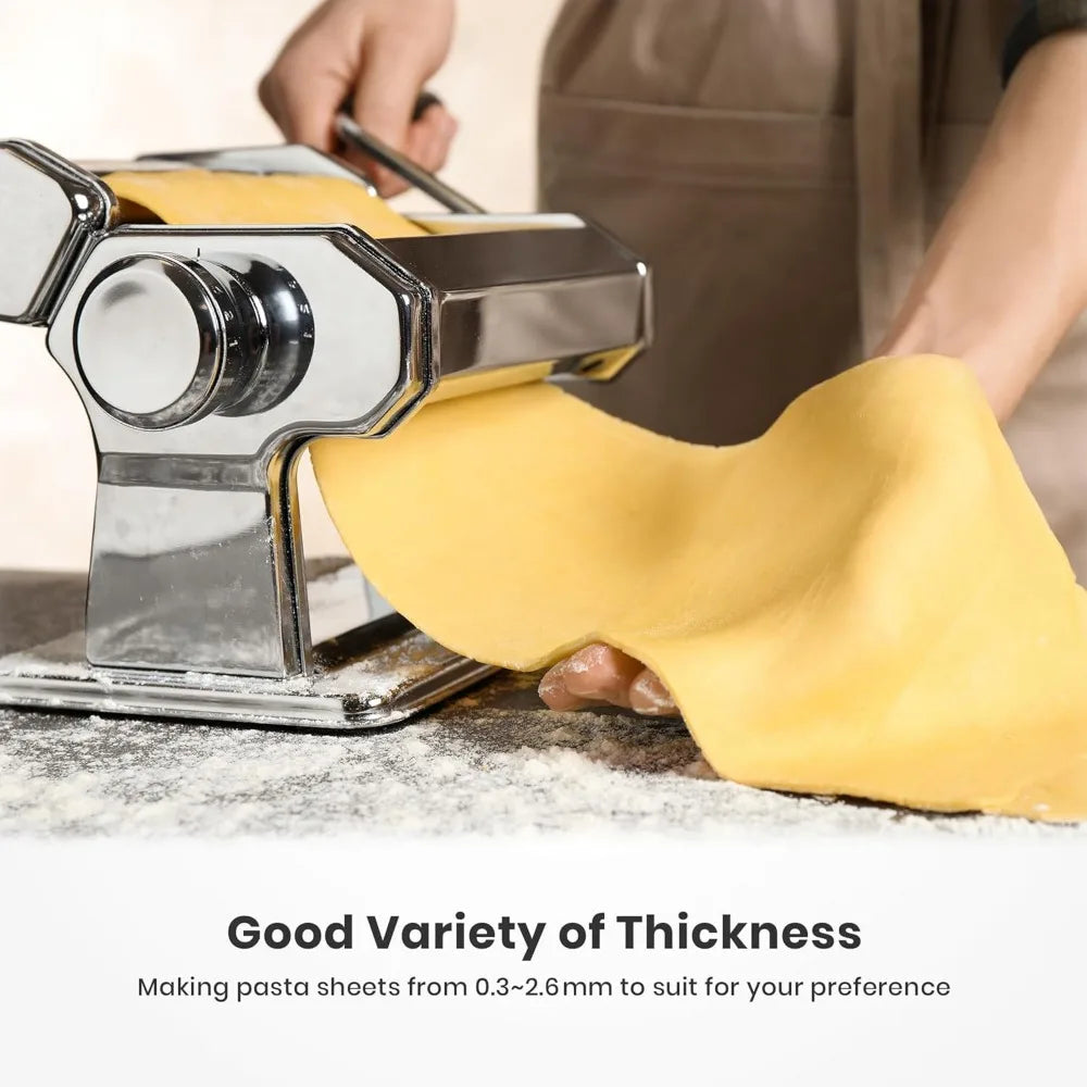 3-in-1 Pasta Machine: 9 Thickness Settings, Dough Rollers & 2 Cutters, Stainless Steel, Durable & Easy Clean