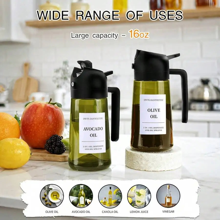 2PCS Glass Olive Oil Bottles, 2-In-1 Dropper & Oil Sprayer Kitchen Gadgets, Dark Green Glass For Anti-Oxidation, 16oz/480ml Seasoning Storage Bottles, Oil Sprayer & Dispenser, Perfect Housewarming Gift!