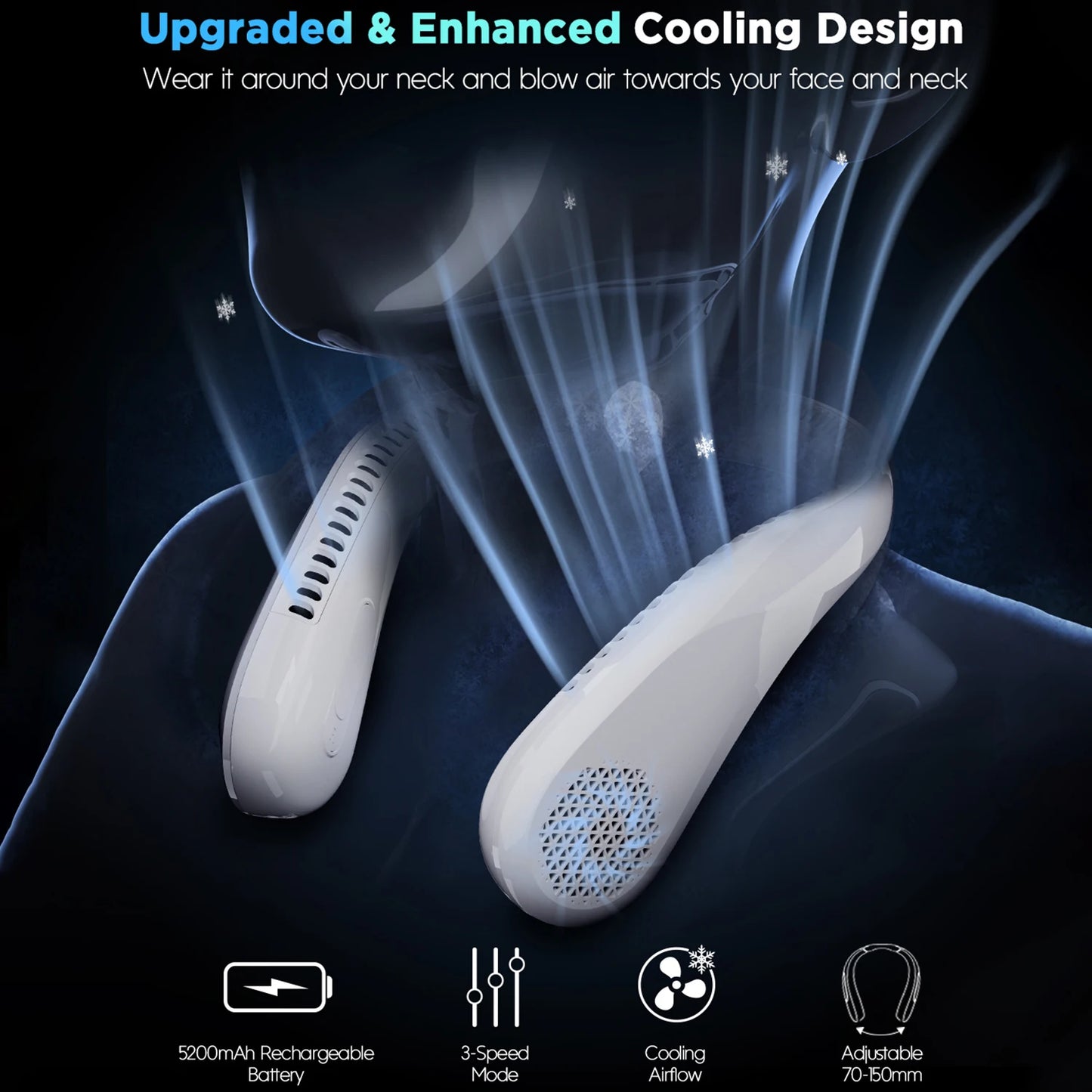 Portable Neck Fan, Rechargeable Bladeless and Wearable with 4 Speeds, 66 Vents
