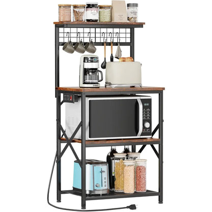 Kitchen Bakers Rack with Power Outlet, Microwave Oven Stand with Storage 4 Tiers