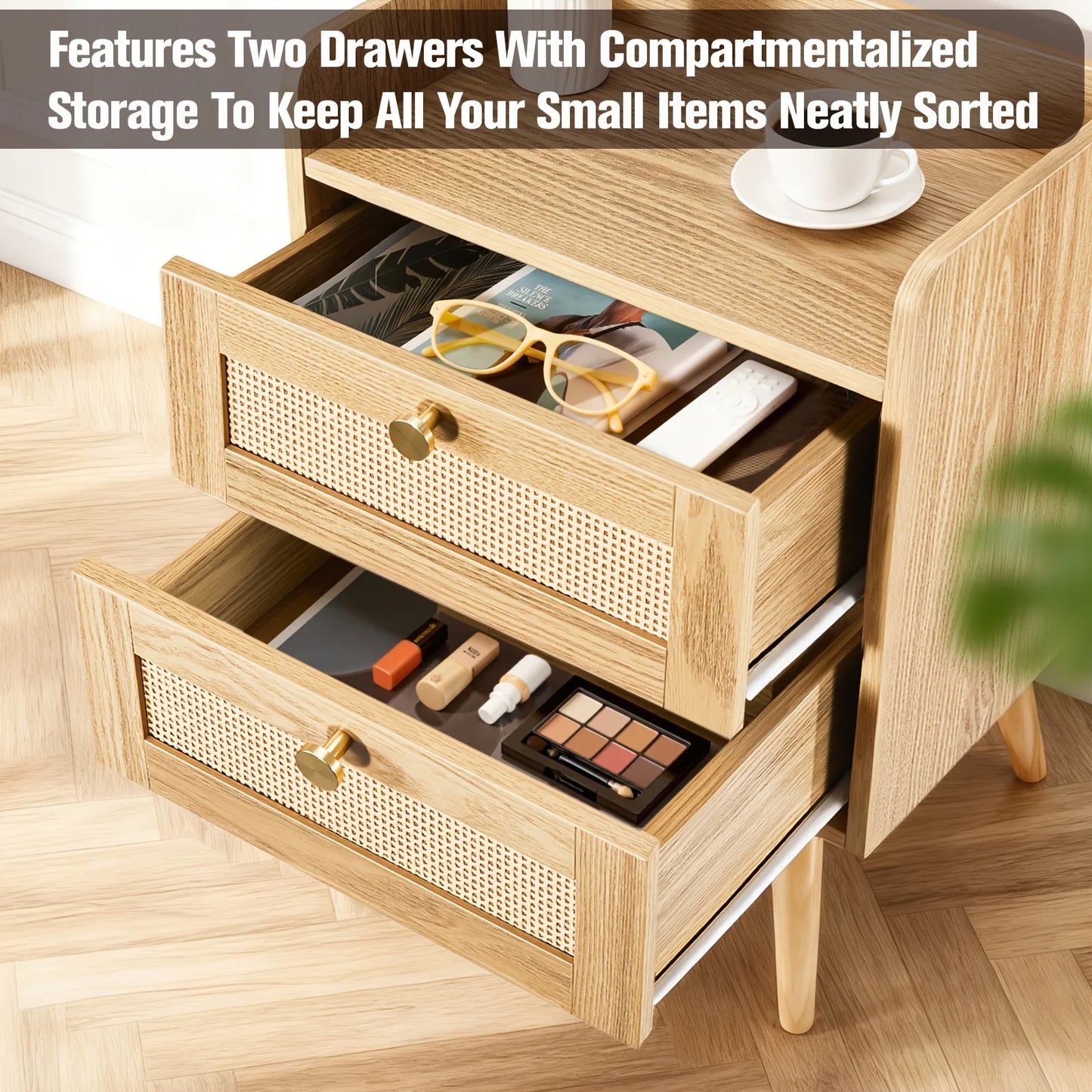 Set of 2 Nightstands with Charging Station, Modern Rattan, Solid Wood Legs