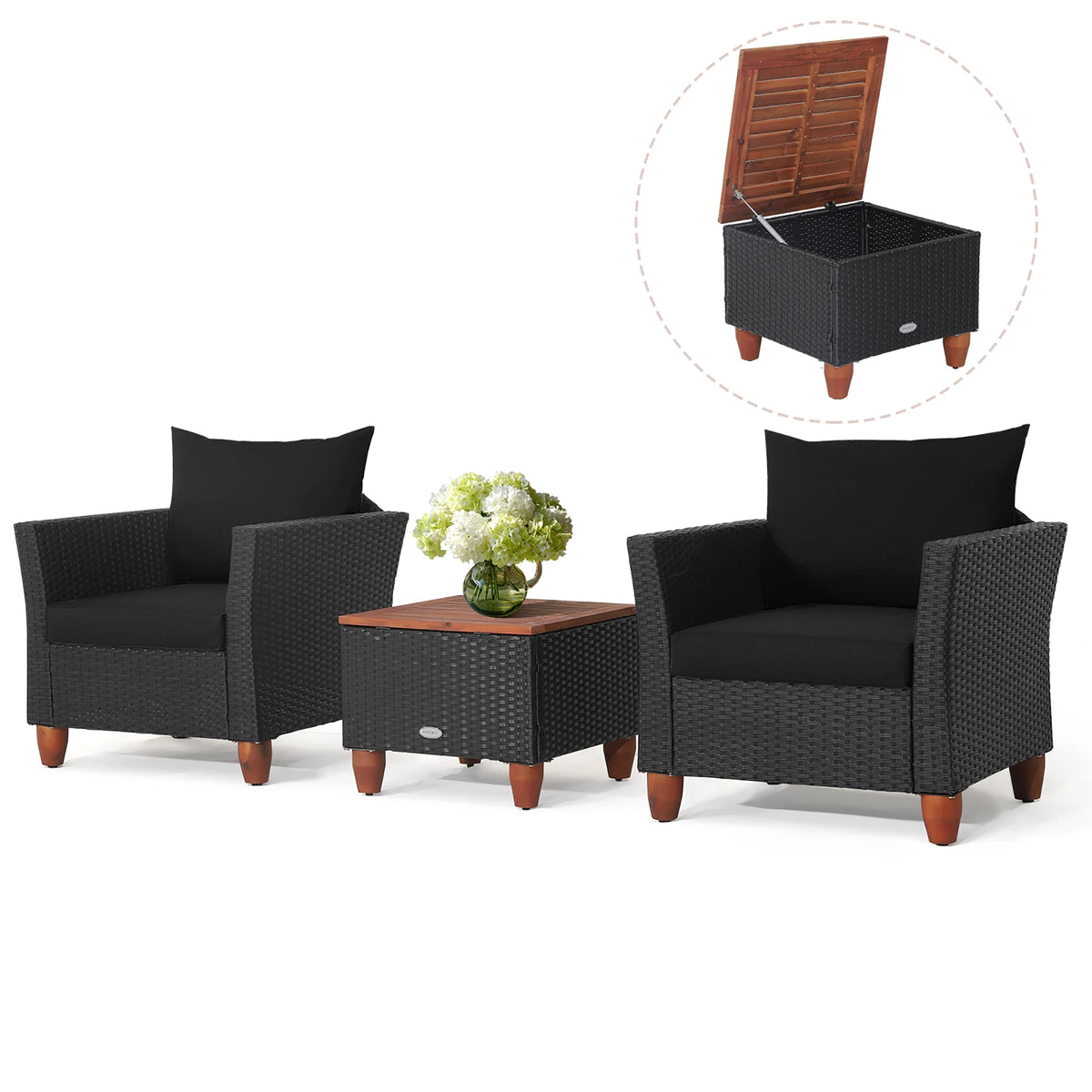 3PCS Patio Rattan Furniture Set, Cushioned Sofa, Storage Table with Wood Top, Black