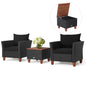 3PCS Patio Rattan Furniture Set, Cushioned Sofa, Storage Table with Wood Top, Black