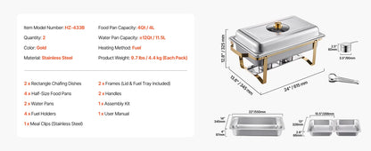 Chafing Dish Buffet Set, 4 Qt 2 Pack Stainless Steel with Glass Lid, Water Pan Folding Stand