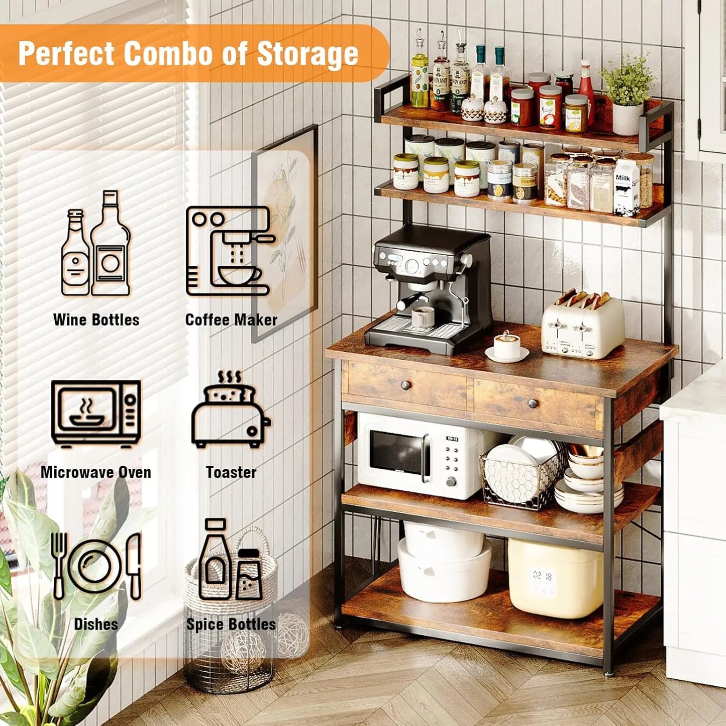 Bakers Rack with Power Outlets, 5-Tier Microwave Oven Stand with 2 Drawers,Coffee Bar Table with Storage