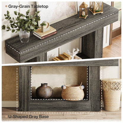 63" Console Table, Farmhouse 2-Tier Entryway Table with U-Shaped Base, Narrow Long Wood Sofa Table, Behind Couch Table