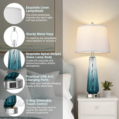 Touch Control Glass Table Lamps, Set of 2 with USB A+C Ports, 3-Way Dimmable, White Fabric Shade