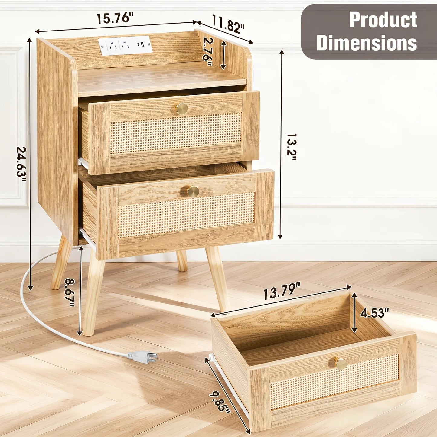 Set of 2 Nightstands with Charging Station, Modern Rattan, Solid Wood Legs