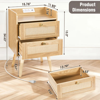 Set of 2 Nightstands with Charging Station, Modern Rattan, Solid Wood Legs