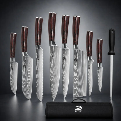 8PCS Damascus Stainless Steel Kitchen Knife Set, Super Sharp Japanese Style Chef Santoku Cleaver, Slicing Boning Utility Paring Knives Complete Cooking Cutlery Kit with Portable Protective Nylon Carry Bag for Home Kitchen Che