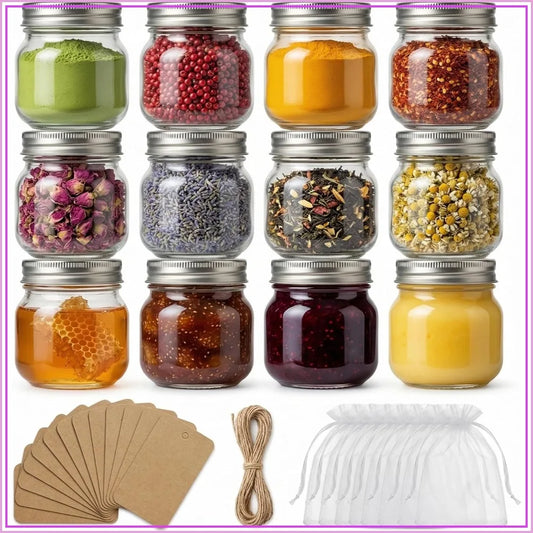 12-Pack 8 oz Mason Jars with Airtight Lids, Labels & Twine