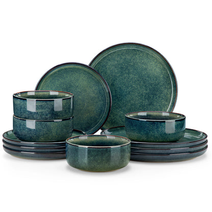 12/18 Piece Green Reactive Glaze Dinnerware Set, Scratch Resistant Stoneware Set with 4/6pcs Dinner Plate/Dessert/Bowl