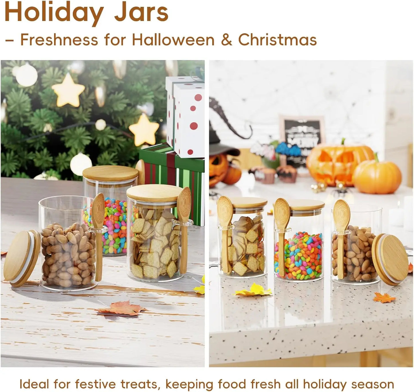 Glass Container, 15oz Airtight Canister with Bamboo Lid and Spoon, for Coffee Beans, Spices
