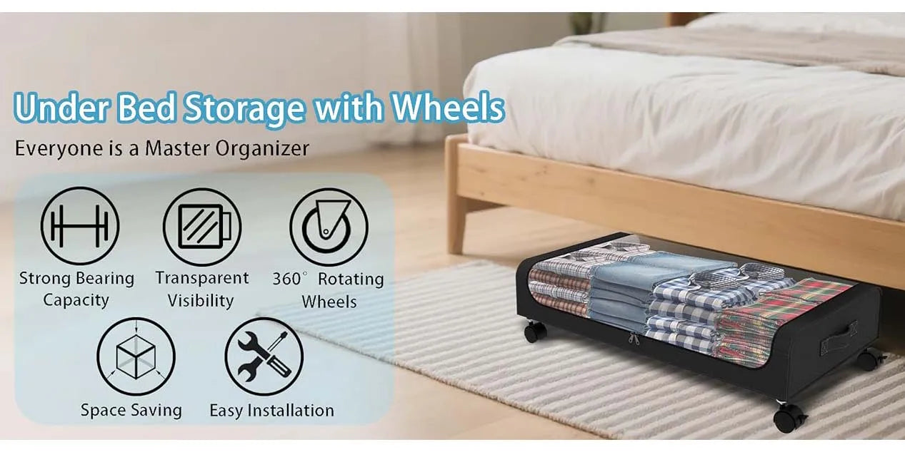Under Bed Storage With Wheels, 2-Pack 48L Each With Clear Lids & Label,