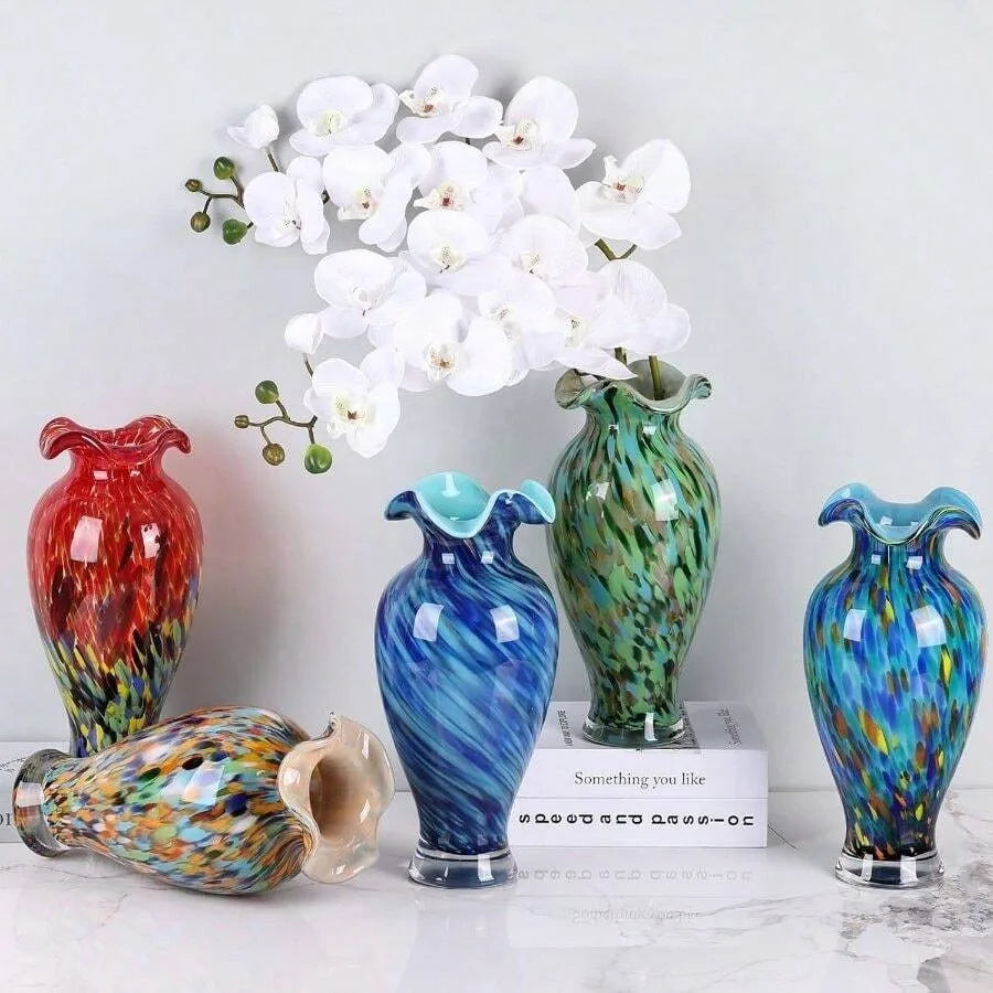 12.2H Murano Hand Blown Glass Vase, Ruffled Scalloped Rim