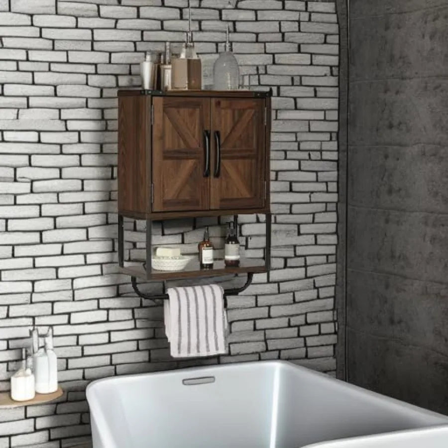 Farmhouse Rustic Medicine Cabinet With Two Barn Doors,Wood, Wall Mounted With Adjustable Shelf And Towel Bar