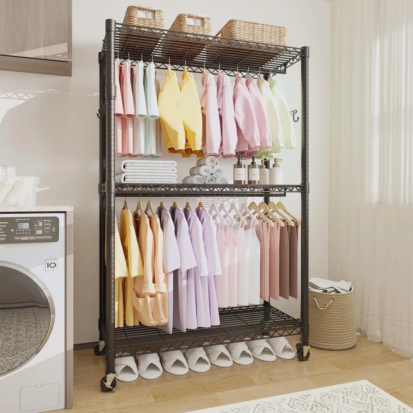 3-Tier Heavy Duty Rolling Metal Garment Rack With Adjustable Shelves & Dual Hanging Rods