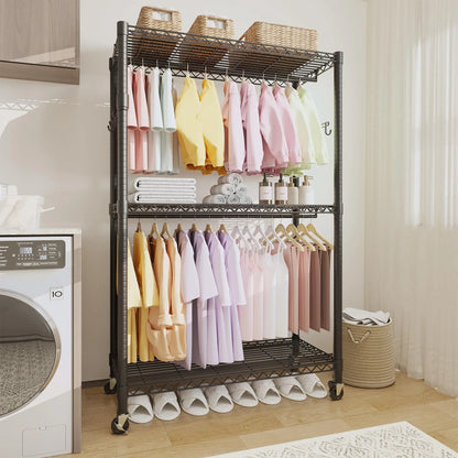3-Tier Heavy Duty Rolling Metal Garment Rack With Adjustable Shelves & Dual Hanging Rods