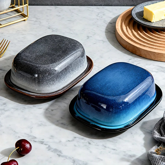 1pc Retro Kiln-change Ceramic Butter Dish with Lid, Porcelain
