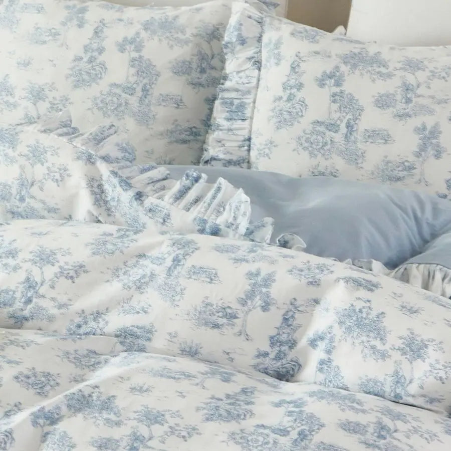 Vintage French Country Toile Duvet Cover Set for Bedroom, 100 Cotton Delicate Ruffle