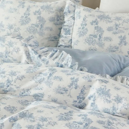 Vintage French Country Toile Duvet Cover Set for Bedroom, 100 Cotton Delicate Ruffle