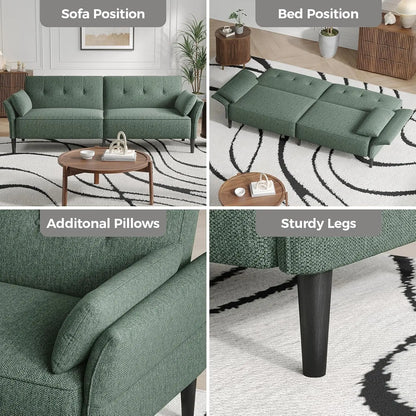 89” Convertible Futon Sofa Bed with 2 Square Pillows and Adjustable Backrest