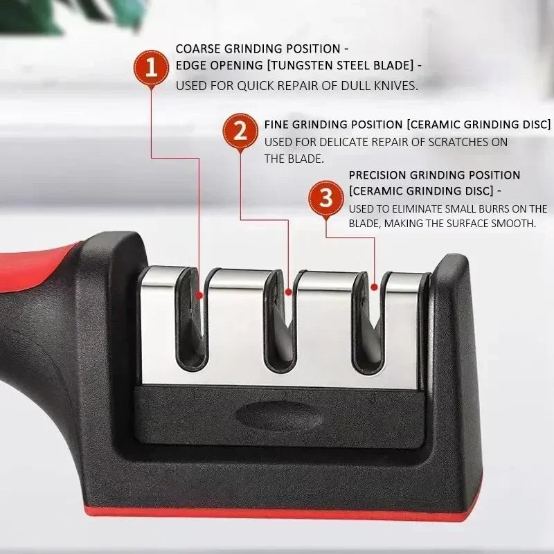 3-Segment Knife Sharpener for Kitchen, Stainless Steel Three-Purpose Sharpening Stone