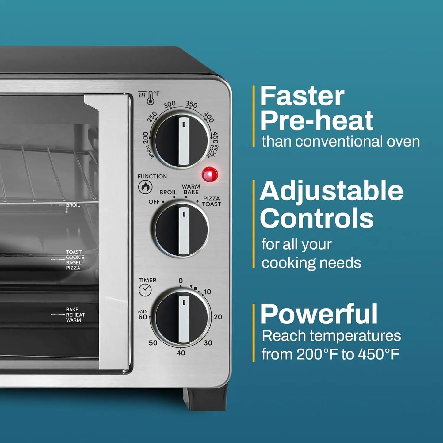 Double French Door Toaster Oven with 25L Capacity, Bakes, Broils, Toasts, Keeps Warm, Fits 12" Pizza in Stainless Steel & Black