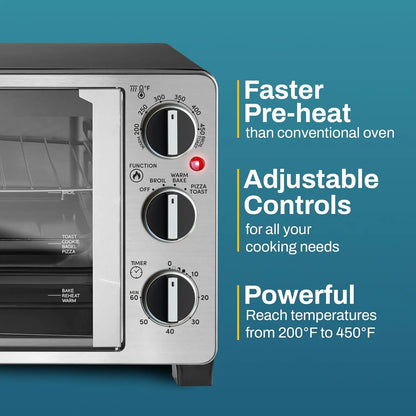 Double French Door Toaster Oven with 25L Capacity, Bakes, Broils, Toasts, Keeps Warm, Fits 12" Pizza in Stainless Steel & Black