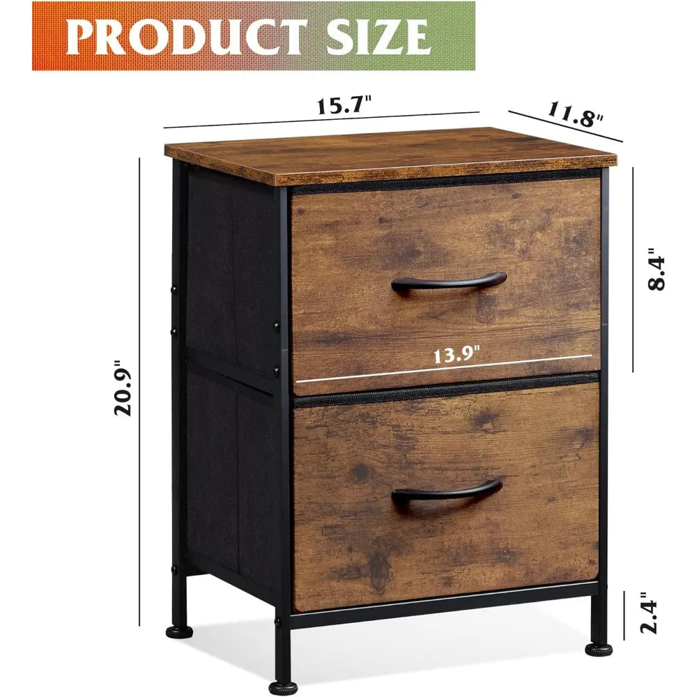 Compact Two Drawer Nightstand with Fabric Bins Wooden Top