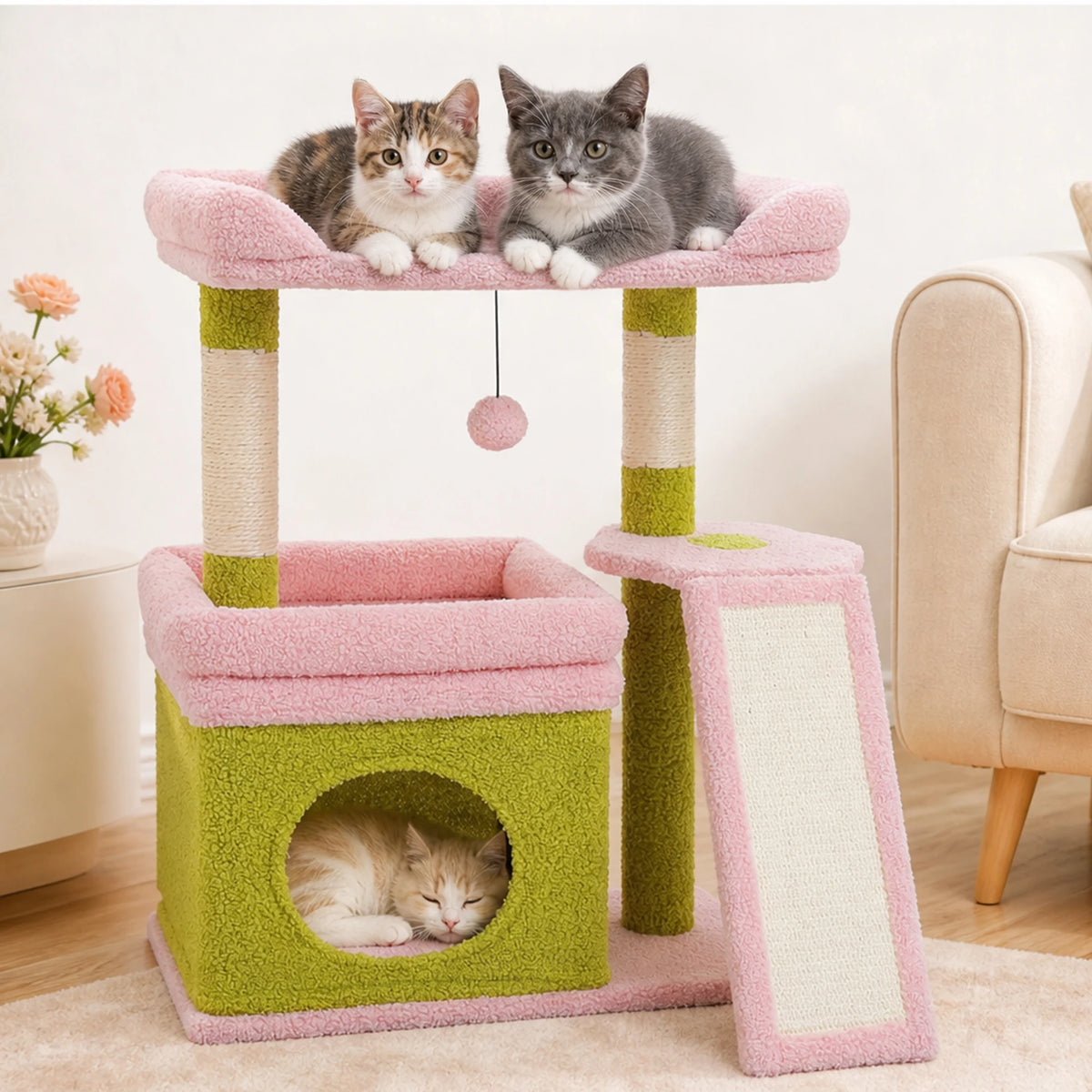 Small Cat Tree for Indoor Cat, Tower with Sisal Scratching Post and Pad, Wide Top Perch