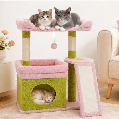 Small Cat Tree for Indoor Cat, Tower with Sisal Scratching Post and Pad, Wide Top Perch