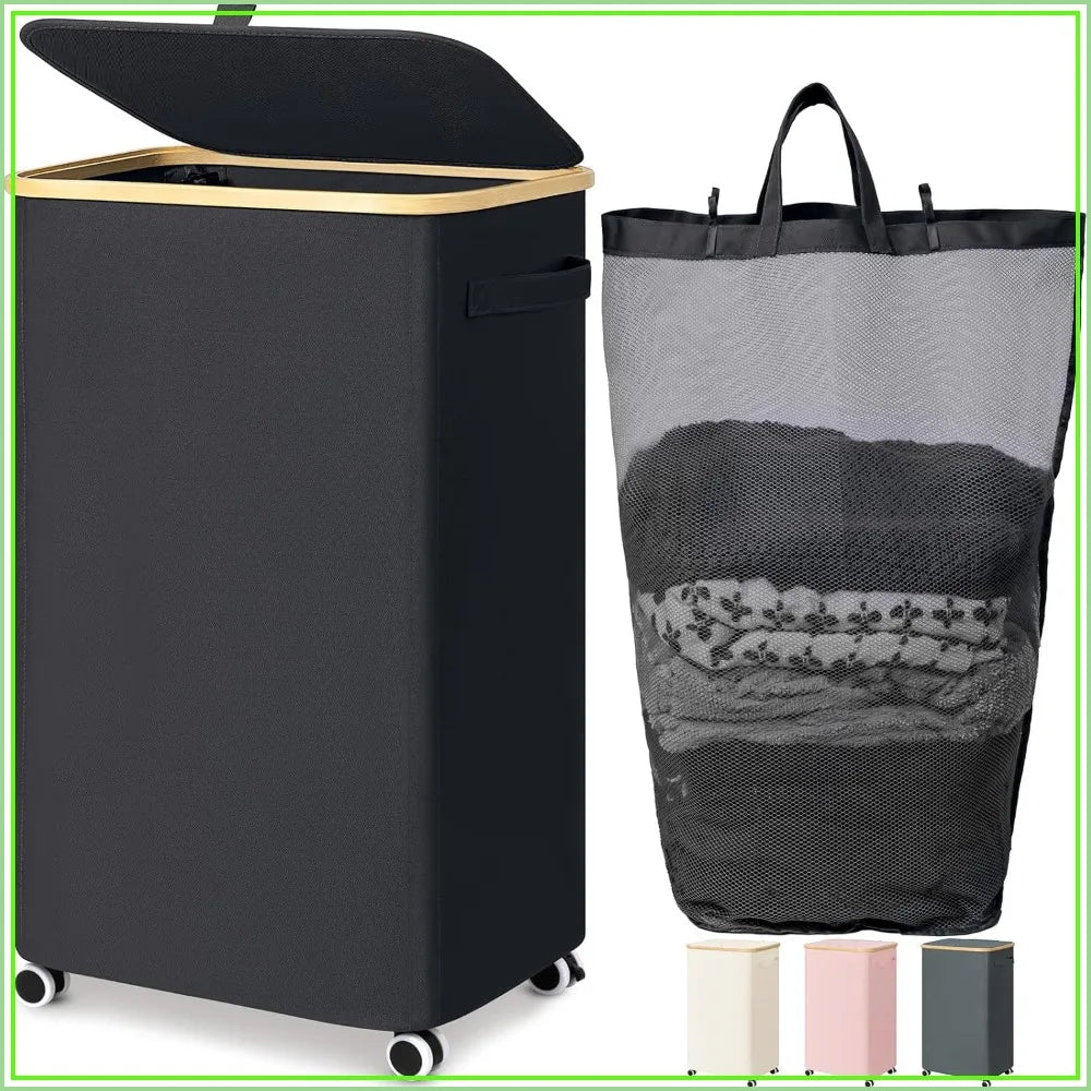100L Rolling Laundry Basket with Wheels and Lid, with Removable Wash Bag