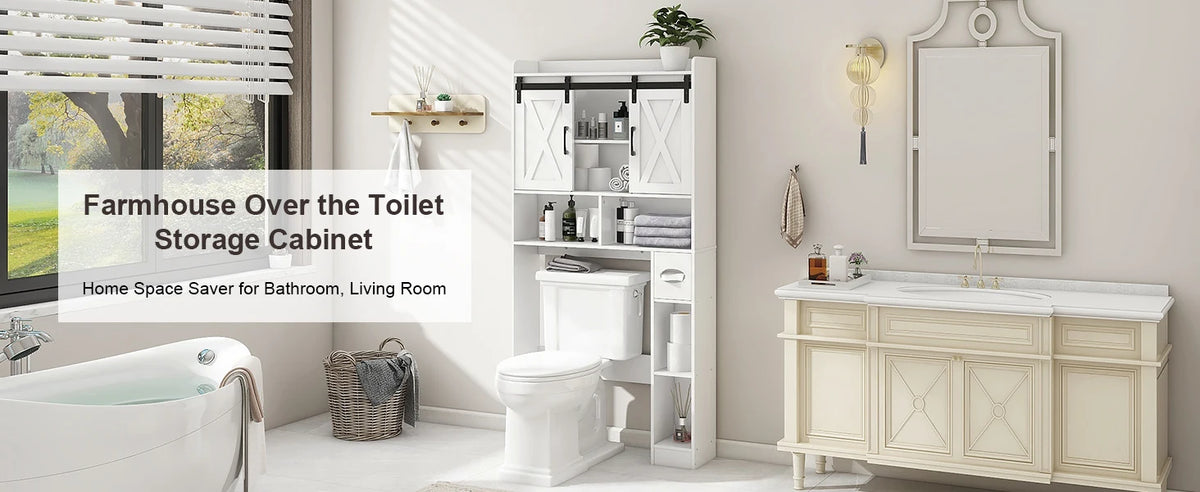 Over The Toilet Storage Cabinet with Sliding Doors, White | Farmhouse Storage Cabinet Over Toilet, Home Space-Saving Toilet Rack, Toilet Paper Holder Stand