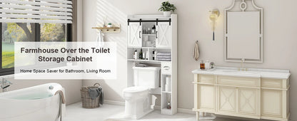 Over The Toilet Storage Cabinet with Sliding Doors, White | Farmhouse Storage Cabinet Over Toilet, Home Space-Saving Toilet Rack, Toilet Paper Holder Stand