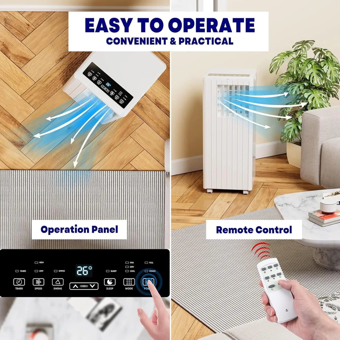 8,000 BTU Portable Air Conditioner, 3-in-1 Unit with Cooling, Dehumidifier & Fan, Remote Control